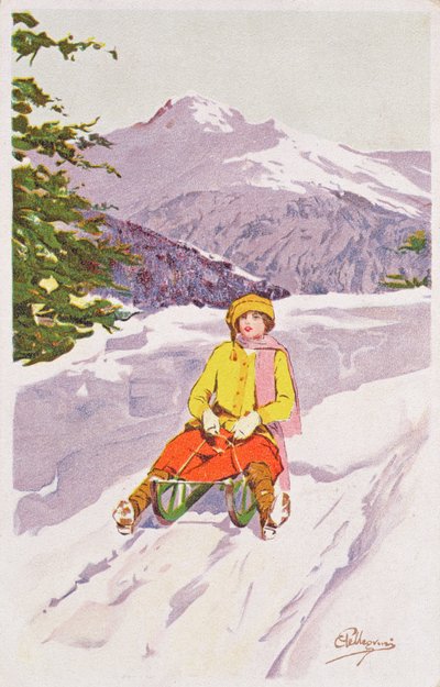 Young Woman Tobogganing by Carlo Pellegrini